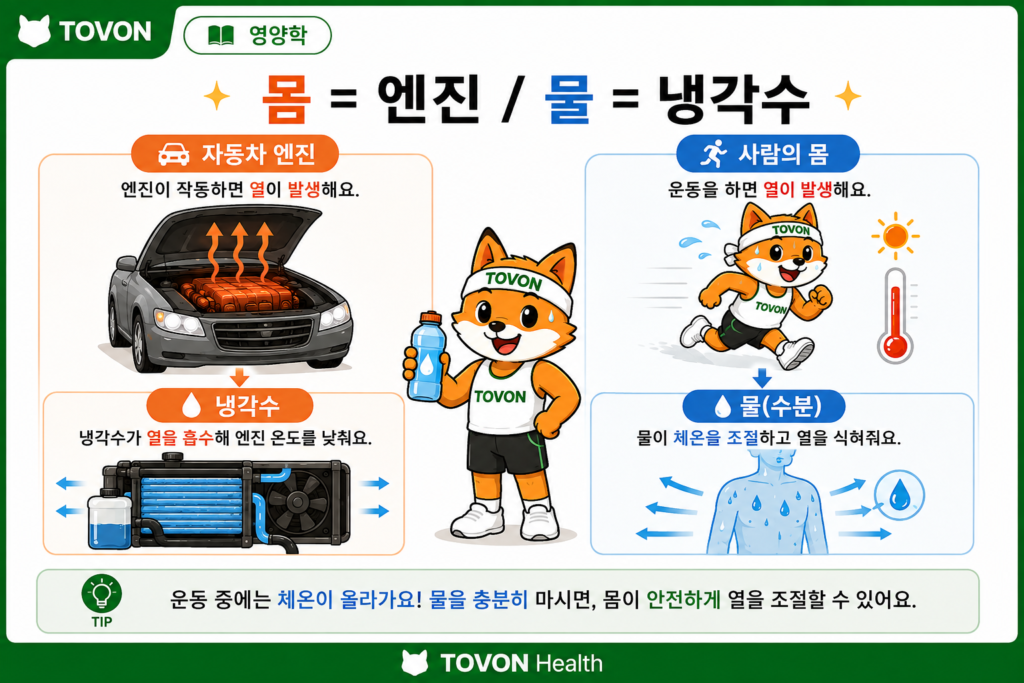 운동할 때 물을 얼마나 마셔야 할까? 수분 섭취의 중요성 물이 체온 조절과 신체 기능에 중요한 역할을 하는 모습을 자동차 냉각수에 비유한 이미지