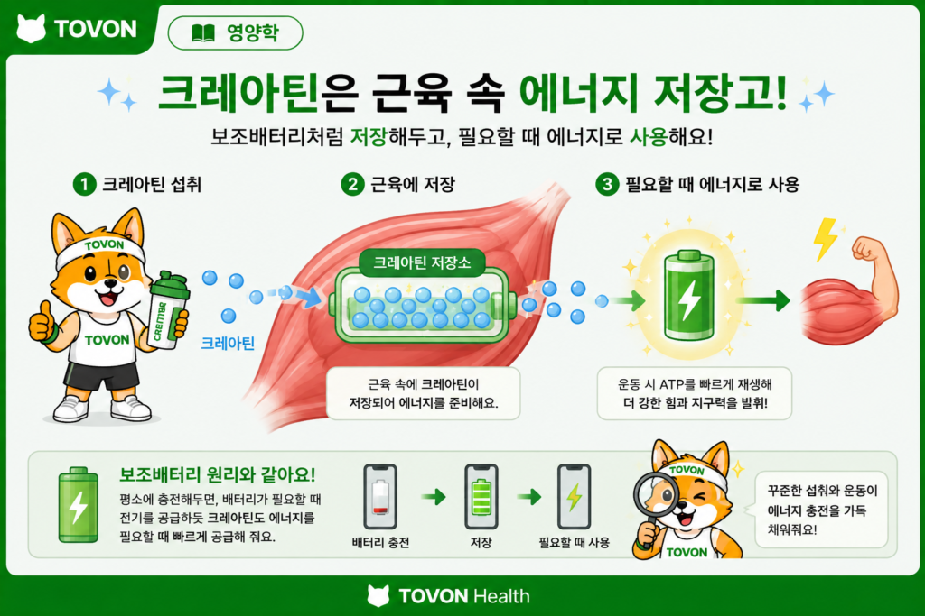 크레아틴이란? 운동하는 사람이 알아야 할 기본 정보 크레아틴이 근육에 저장되어 고강도 운동에 활용되는 과정을 보여주는 인포그래픽