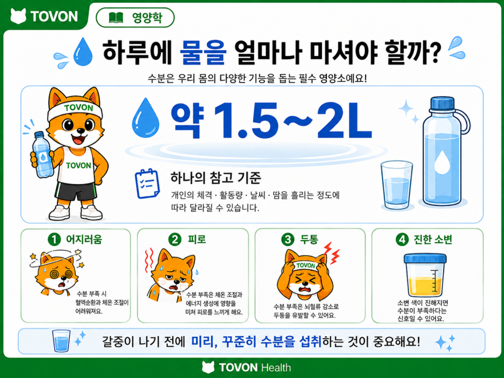 운동할 때 물을 얼마나 마셔야 할까? 수분 섭취의 중요성 성인의 하루 물 섭취량 참고 기준과 운동 시 추가적인 수분 섭취가 필요할 수 있음을 보여주는 이미지