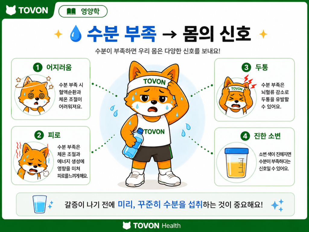 운동할 때 물을 얼마나 마셔야 할까? 수분 섭취의 중요성 운동 중 수분 부족으로 나타날 수 있는 피로와 어지러움 등 탈수 신호를 보여주는 이미지