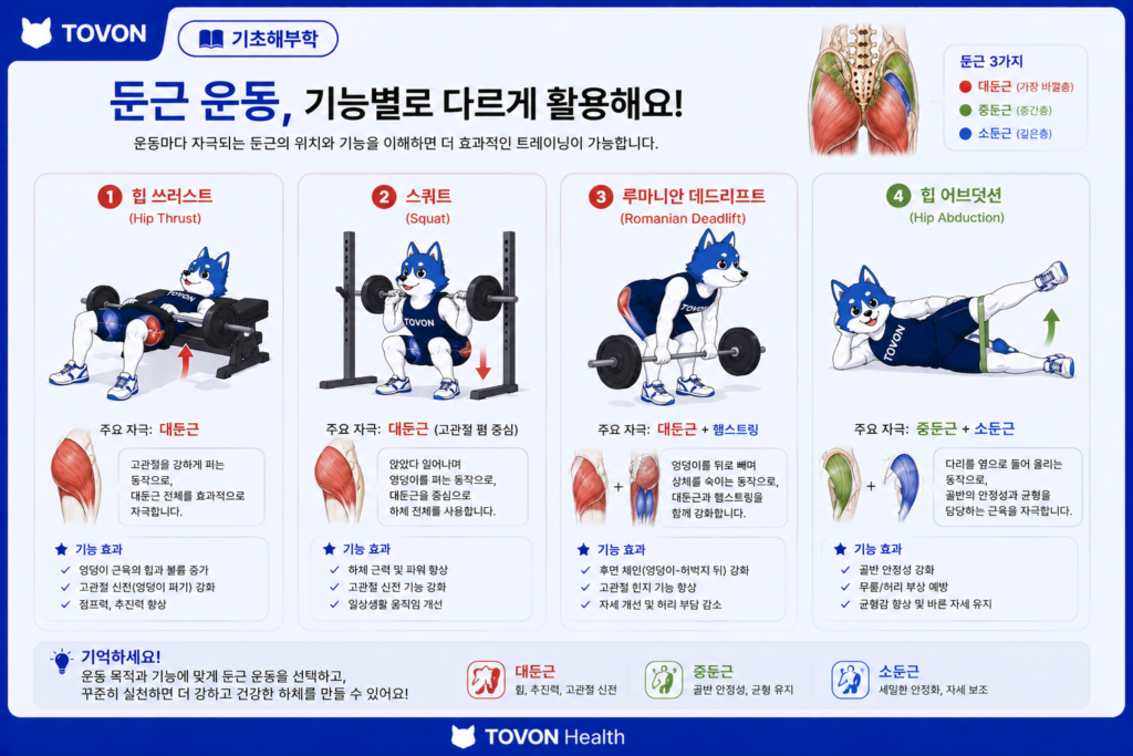 힙 쓰러스트 스쿼트 루마니안 데드리프트 힙 어브덕션으로 둔근을 운동하는 방법