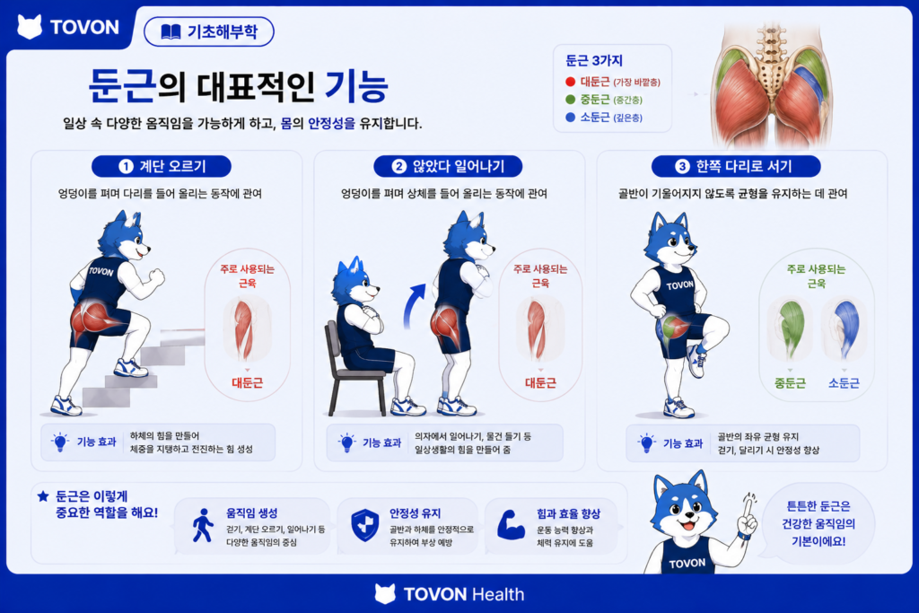 계단 오르기 앉았다 일어나기 한쪽 다리 서기에서 작용하는 둔근의 역할