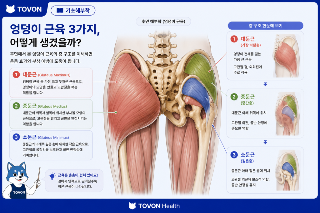 대둔근 중둔근 소둔근의 위치와 층 구조를 보여주는 둔근 해부학 이미지