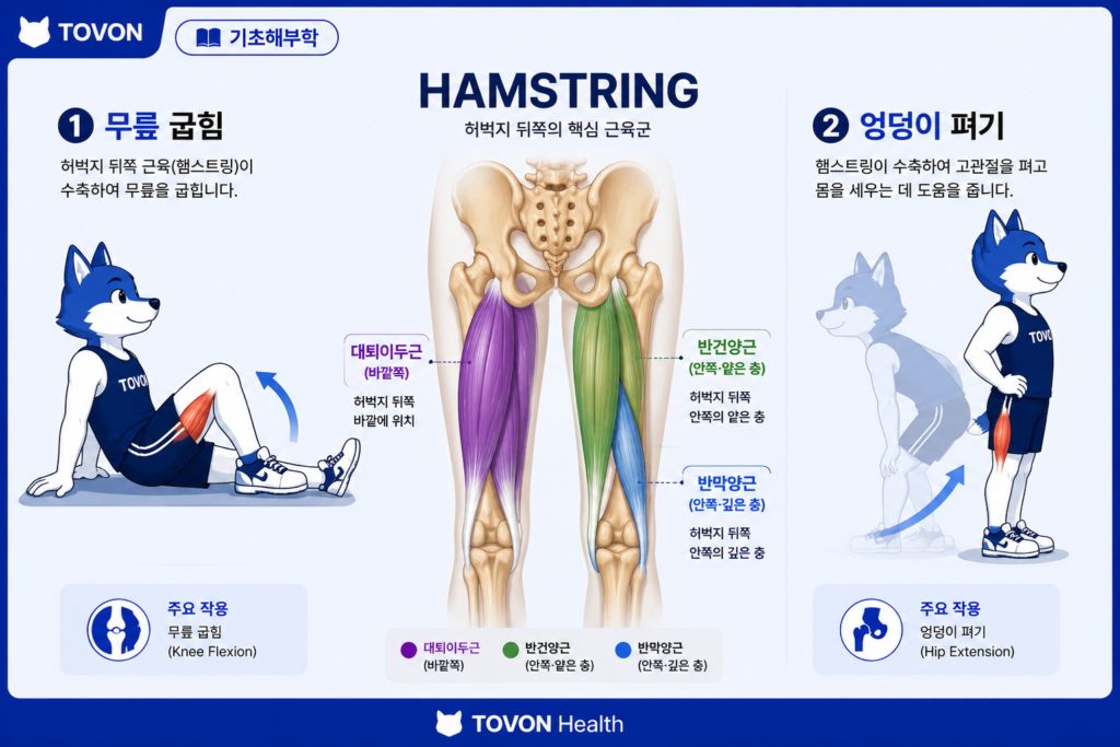햄스트링이란? 허벅지 뒤쪽 근육의 구조와 역할 햄스트링이 엉덩이를 펴고 무릎을 굽히는 역할을 보여주는 이미지