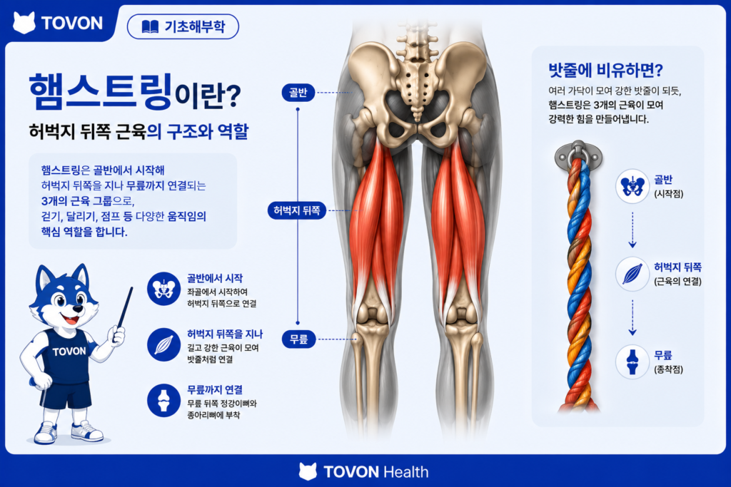 햄스트링이란? 허벅지 뒤쪽 근육의 구조와 역할 허벅지 뒤쪽에 위치한 햄스트링의 위치를 보여주는 해부학 이미지