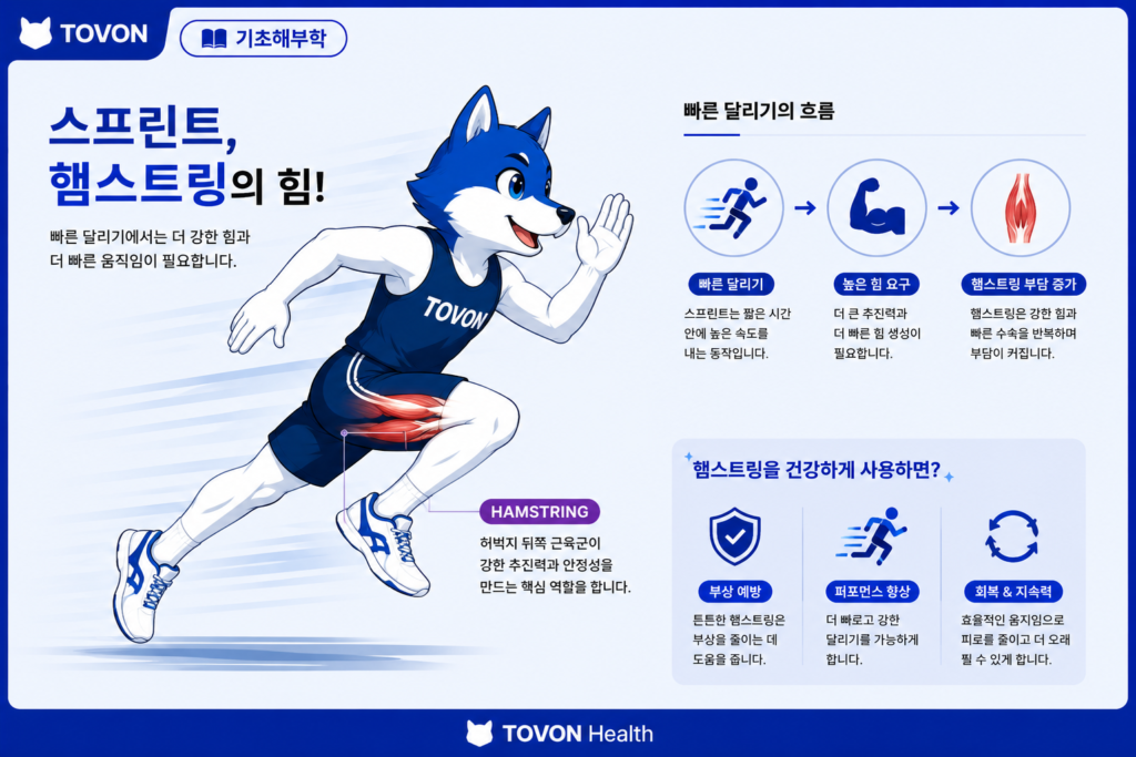햄스트링이란? 허벅지 뒤쪽 근육의 구조와 역할 달리기와 전력 질주에서 햄스트링에 큰 부담이 가해지는 모습을 보여주는 이미지