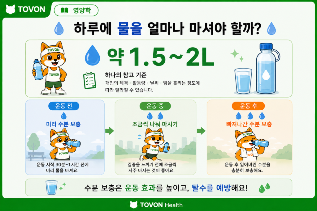 운동할 때 물을 얼마나 마셔야 할까? 수분 섭취의 중요성 운동 전, 운동 중, 운동 후 수분 섭취 방법을 비교한 이미지