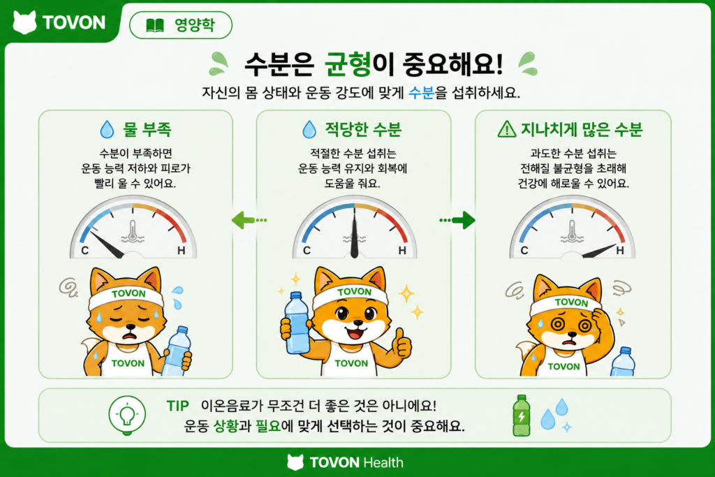 운동할 때 물을 얼마나 마셔야 할까? 수분 섭취의 중요성 물을 지나치게 많이 마시는 것도 주의해야 한다는 점을 보여주는 수분 섭취 균형 이미지