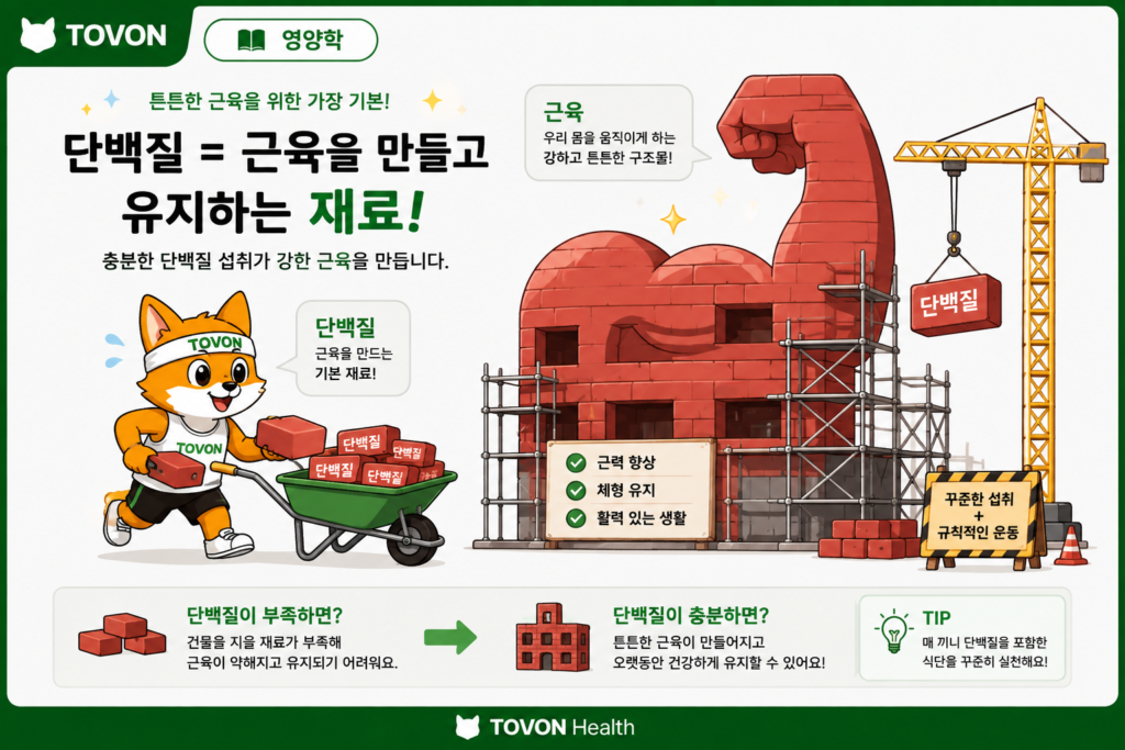 단백질 보충제는 꼭 필요할까? 프로틴의 역할과 섭취 방법 단백질이 근육을 만들고 유지하는 데 필요한 재료임을 보여주는 이미지