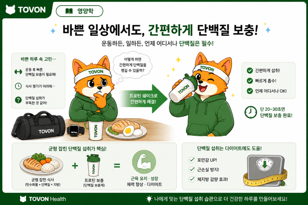 단백질 보충제는 꼭 필요할까? 프로틴의 역할과 섭취 방법 바쁜 일상에서 프로틴 보충제로 단백질을 간편하게 섭취하는 모습