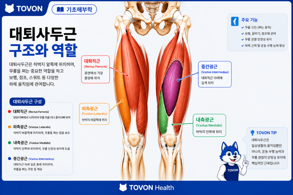 대퇴사두근이란? 허벅지 앞쪽 근육의 4가지 구조와 역할 대퇴사두근의 해부학적 구조와 네 가지 근육 위치