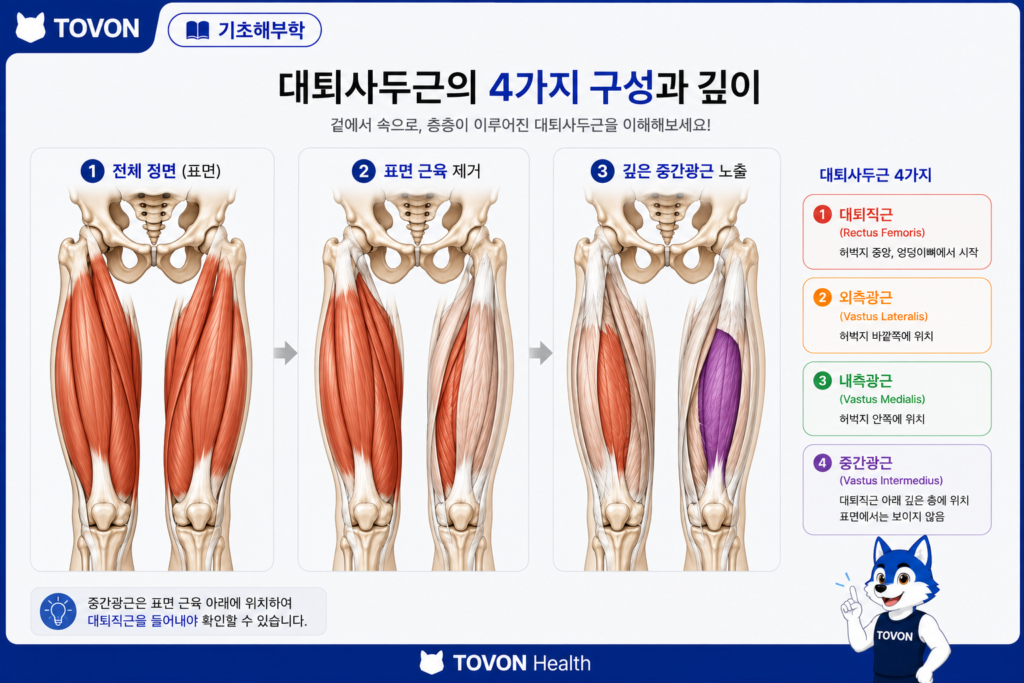 대퇴사두근이란? 허벅지 앞쪽 근육의 4가지 구조와 역할 대퇴직근 외측광근 내측광근 중간광근의 해부학적 위치