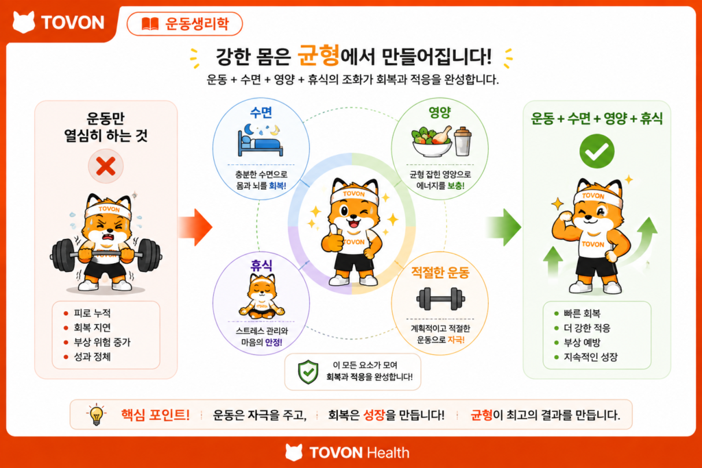 운동 후 회복은 왜 중요할까? 근육 회복의 과정 운동 후 회복에 필요한 수면과 영양 및 휴식을 보여주는 이미지