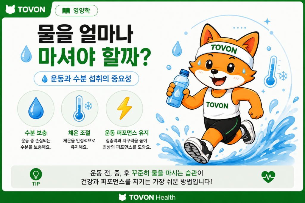 운동할 때 물을 얼마나 마셔야 할까? 수분 섭취의 중요성 운동 중 수분 섭취와 물의 중요성을 설명하는 이미지
