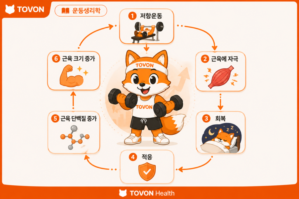 근육은 어떻게 성장할까? 근비대의 기본 원리 저항운동 후 회복과 적응을 통해 근육 크기가 증가하는 근비대 과정