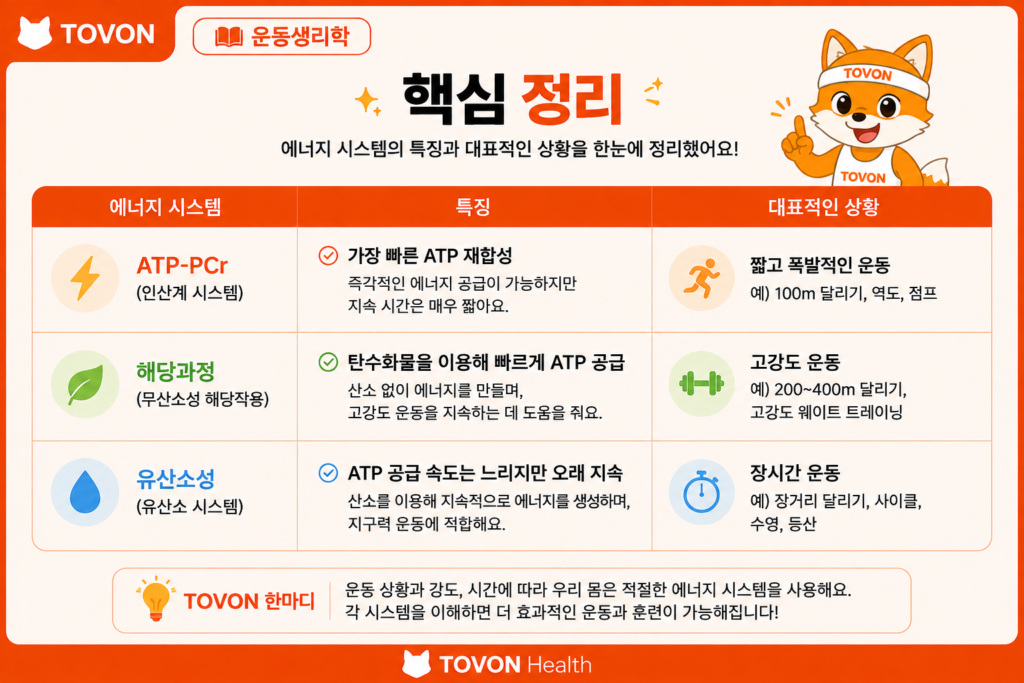 ATP란 무엇일까? 운동 에너지 시스템 3가지 쉽게 이해하기 ATP-PCr 시스템, 해당과정, 유산소성 에너지 시스템의 특징과 대표 운동을 비교한 표