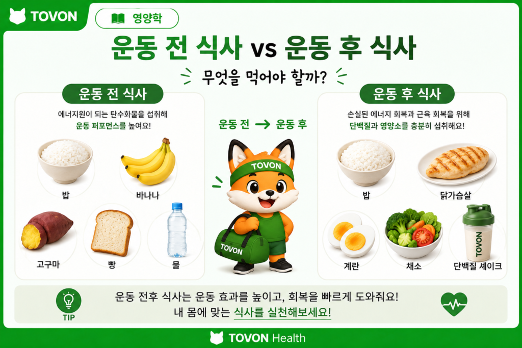 운동 전 식사와 운동 후 식사, 무엇을 먹어야 할까? 운동 전 식사와 운동 후 식사의 차이를 설명하는 TOVON Health 인포그래픽
