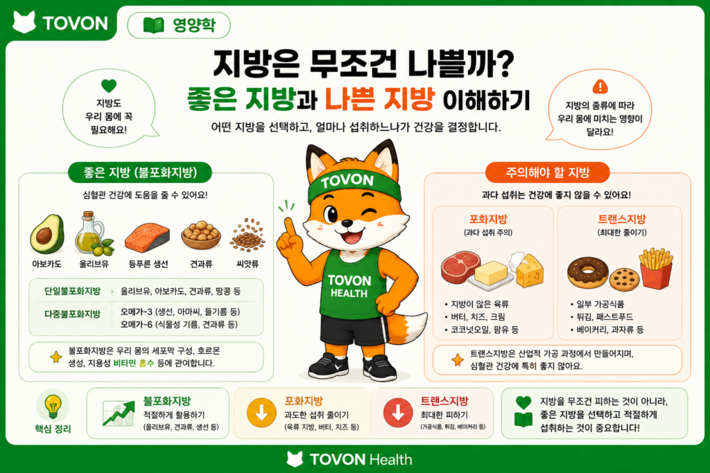지방은 무조건 나쁠까? 좋은 지방과 나쁜 지방 이해하기 지방의 종류와 건강한 지방 섭취 방법을 설명하는 TOVON Health 인포그래픽