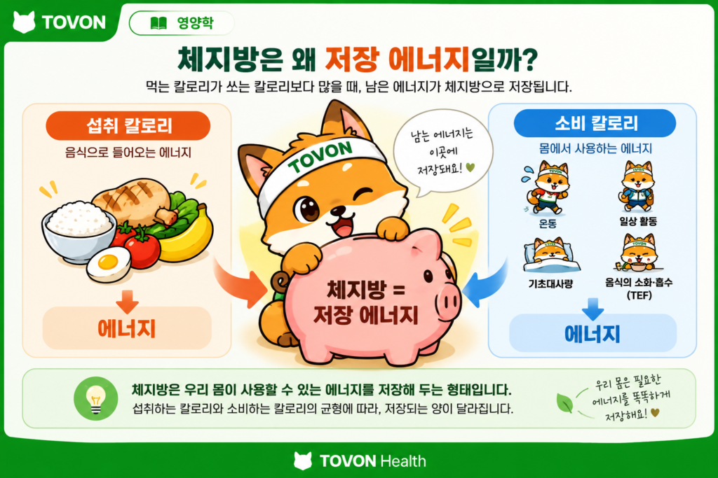 체지방은 어떻게 줄어들까? 다이어트와 칼로리 적자의 원리 체지방을 몸속에 저장된 에너지 저금통으로 표현한 토번이
