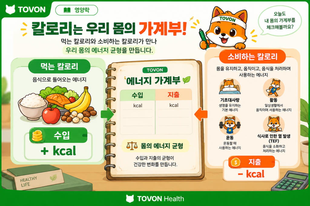 칼로리란 무엇일까? 먹는 칼로리와 소비하는 칼로리 이해하기 먹는 칼로리와 소비하는 칼로리를 수입과 지출로 표현한 이미지