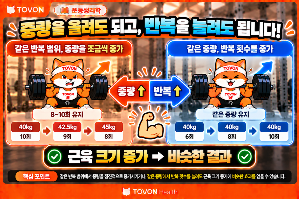 운동 중량은 언제 올려야 할까? RPE와 RIR로 조절하는 방법 중량을 증가시키는 방법과 반복 횟수를 증가시키는 방법을 비교한 운동생리학 인포그래픽