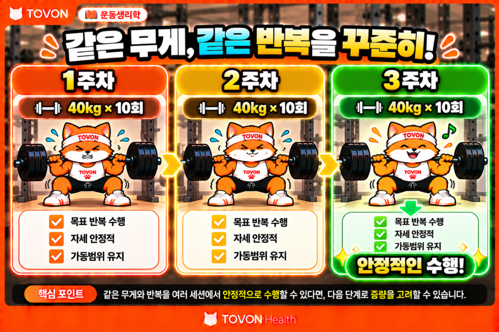 운동 중량은 언제 올려야 할까? RPE와 RIR로 조절하는 방법 여러 운동 세션에서 동일한 중량과 반복을 안정적으로 수행하는 과정을 보여주는 인포그래픽