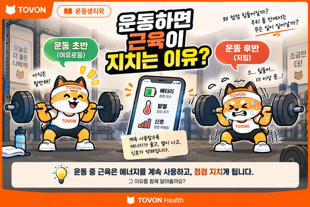 운동하면 근육이 지치는 이유? 근육 피로의 원리 운동 중 근육 피로로 힘을 내기 어려워진 토번이와 스마트폰 비유