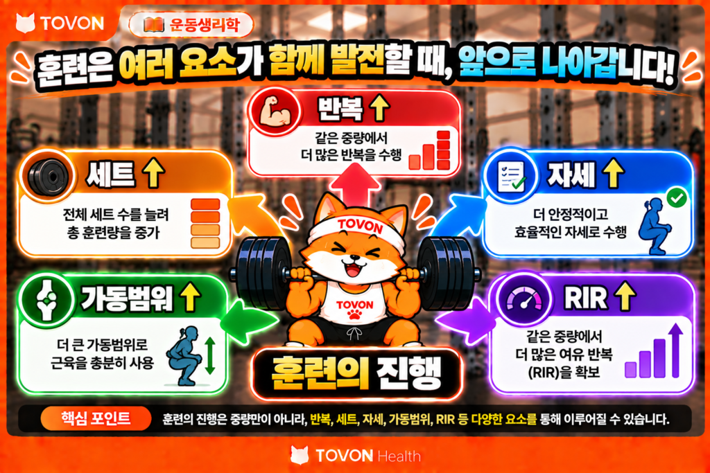 중량 증가 외에도 반복 횟수와 세트 및 수행 품질 향상으로 훈련을 진행할 수 있음을 보여주는 인포그래픽