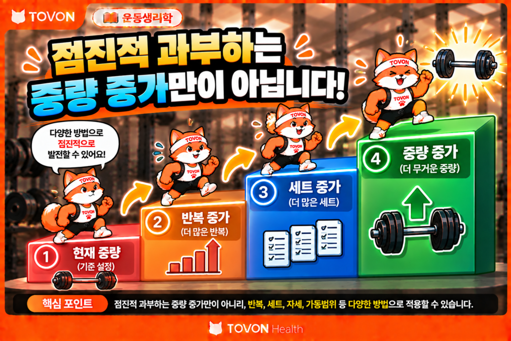 운동 중량은 언제 올려야 할까? RPE와 RIR로 조절하는 방법 중량 증가와 반복 증가 등 점진적 과부하의 여러 방법을 보여주는 운동생리학 인포그래픽