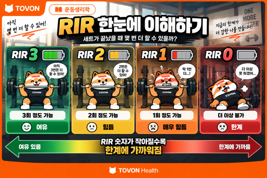 RIR이란? 헬스에서 RIR 뜻과 활용법 RIR 0부터 RIR 3까지 남은 반복 횟수와 운동 상태를 비교한 이미지