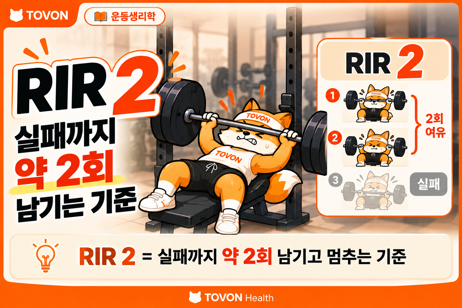 RIR 2의 의미와 운동 강도 조절법을 설명하는 운동생리학 인포그래픽