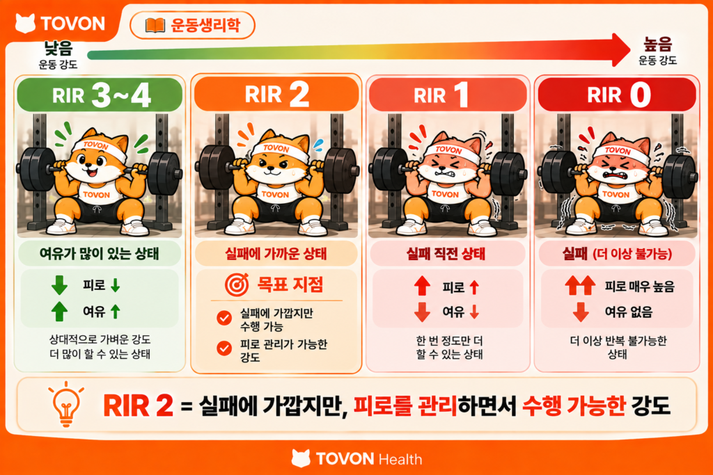 RIR 0부터 RIR 4까지 피로와 운동 강도의 차이를 비교한 인포그래픽