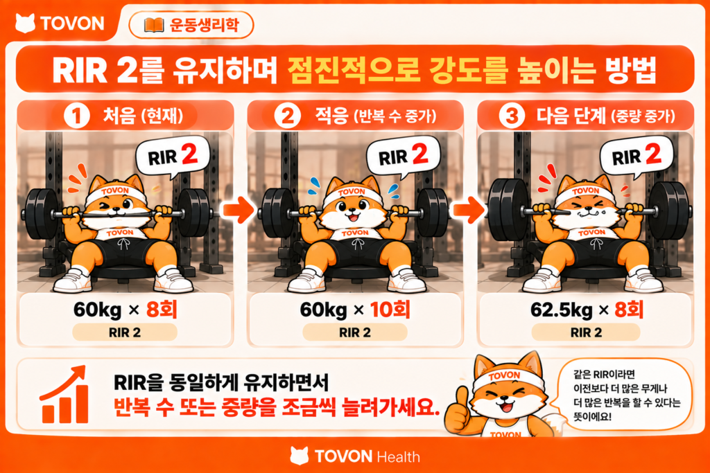 RIR 2를 활용해 운동 중량과 반복 수를 점진적으로 조절하는 방법을 보여주는 인포그래픽