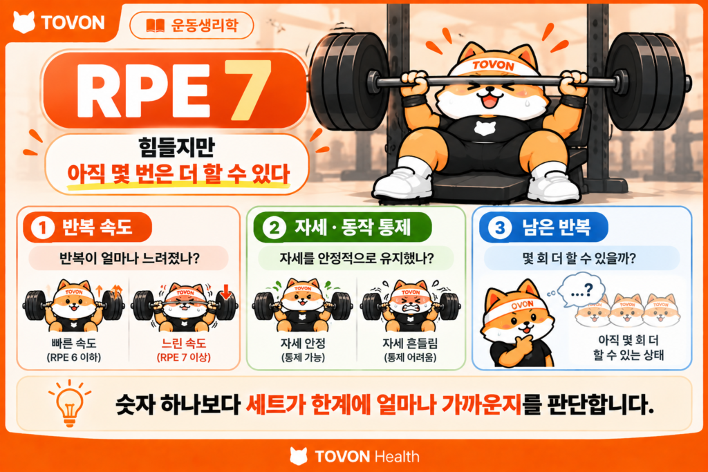 RPE 7의 핵심 개념과 운동 강도 판단 기준을 요약한 인포그래픽