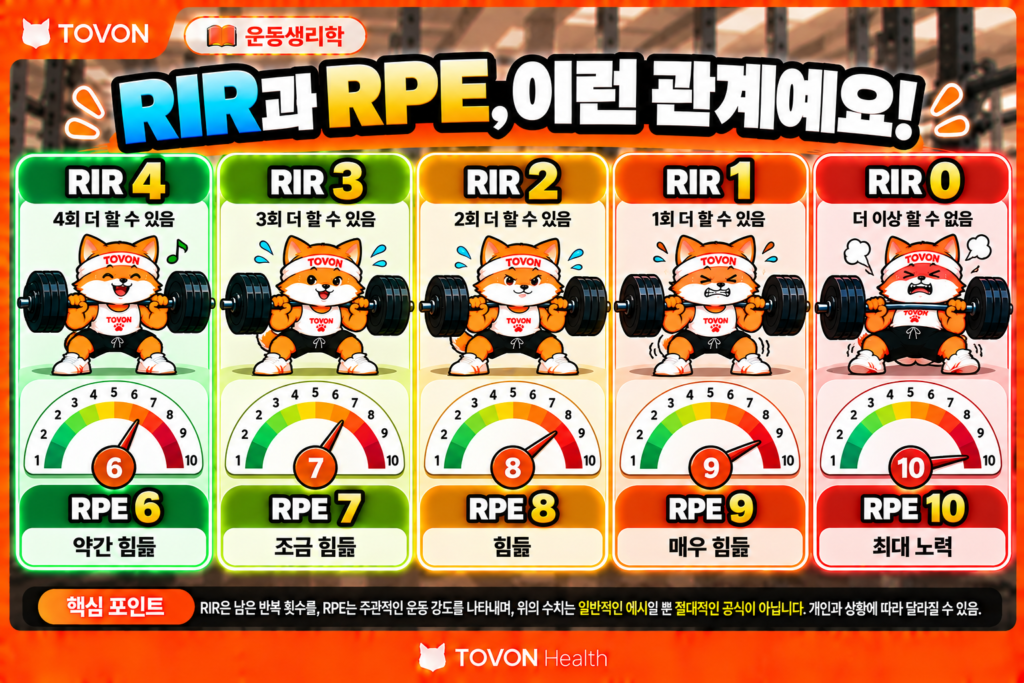 운동 중량은 언제 올려야 할까? RPE와 RIR로 조절하는 방법 RPE와 RIR의 관계와 운동 세트의 주관적 강도를 비교한 인포그래픽