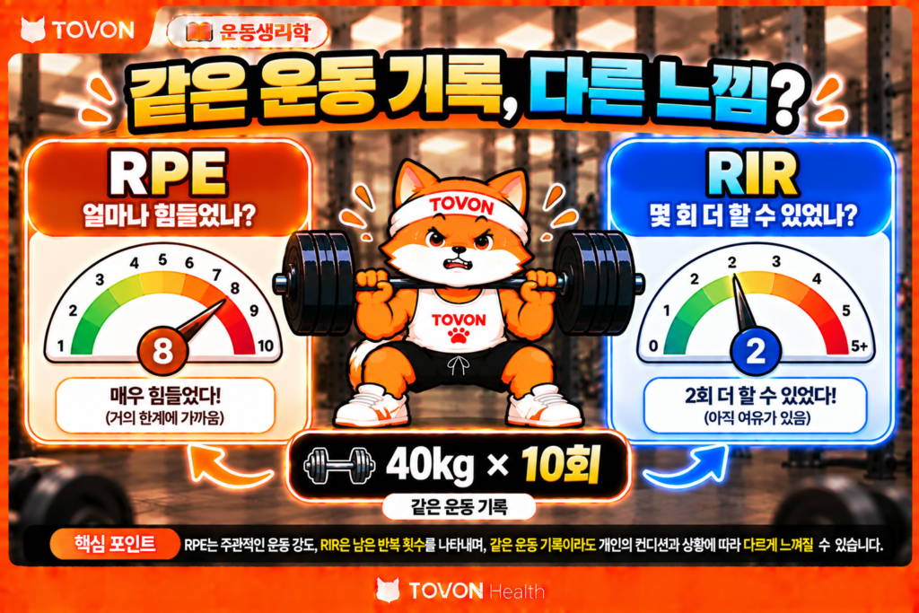 운동 중량은 언제 올려야 할까? RPE와 RIR로 조절하는 방법 RPE와 RIR을 활용해 같은 운동 중량의 실제 운동 강도를 판단하는 방법을 보여주는 인포그래픽