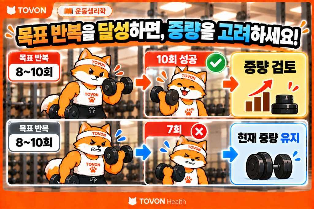 목표 반복 횟수를 달성했는지 확인해 운동 중량 증량 여부를 판단하는 방법