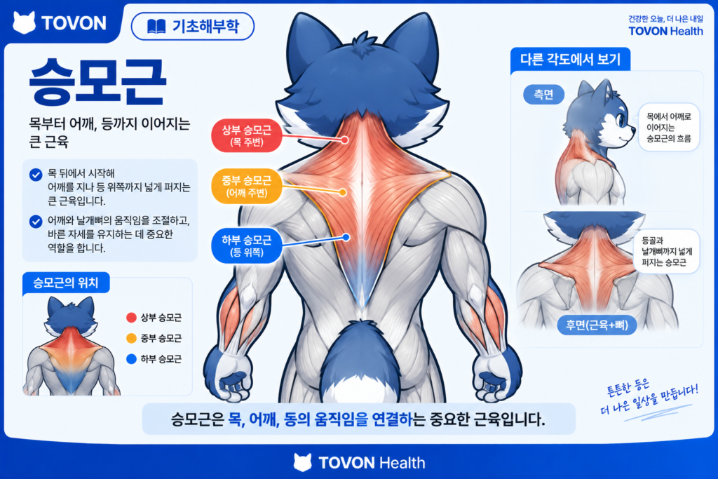 승모근이란? 목과 어깨뼈를 움직이는 등 근육의 구조와 역할 승모근의 위치와 넓은 근육 범위를 보여주는 토번이