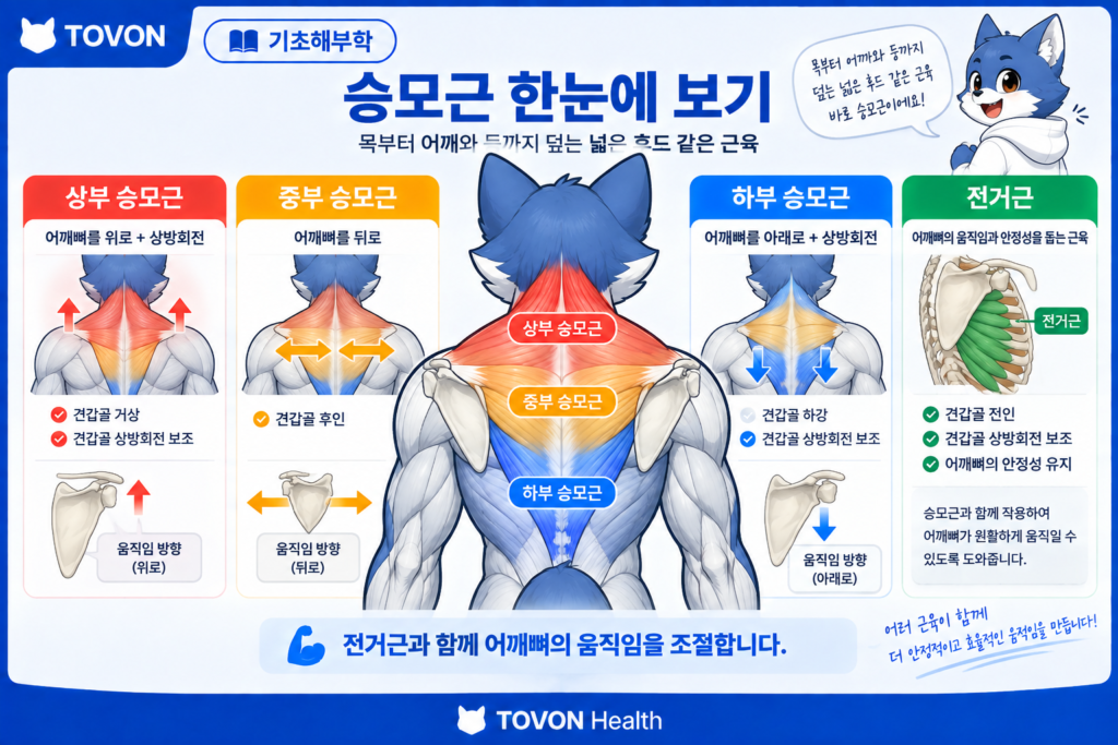 승모근이란? 목과 어깨뼈를 움직이는 등 근육의 구조와 역할 상부와 중부와 하부 승모근의 위치와 주요 기능을 한눈에 정리한 이미지
