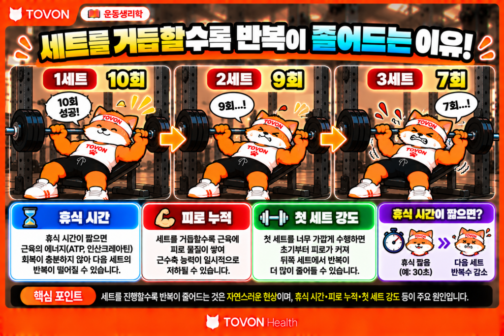 운동 중량은 언제 올려야 할까? RPE와 RIR로 조절하는 방법 같은 중량으로 여러 세트를 수행하면서 피로와 휴식 시간에 따라 반복 횟수가 감소하는 과정